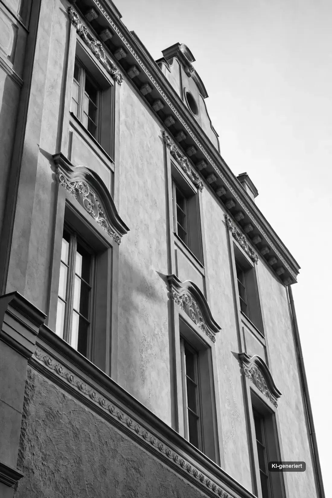 Historische Stuckfassade mit Fensterverdachungen im diagonalen Licht, Schwarz-Weiß