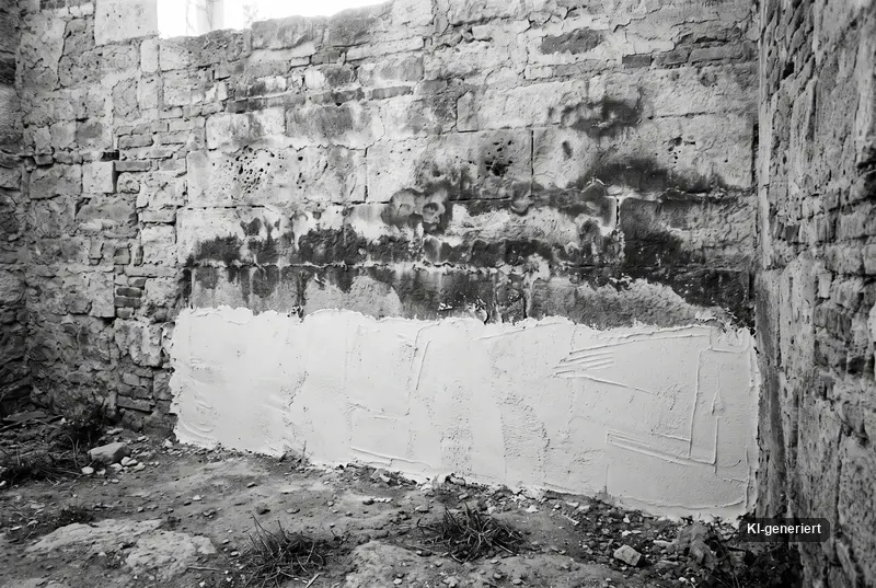 Sockel einer alten Mauer mit frischem Sanierputz