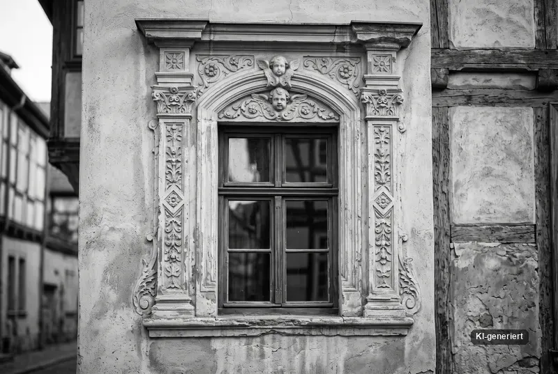 Historisches Fenster mit reich verziertem Stuckrahmen