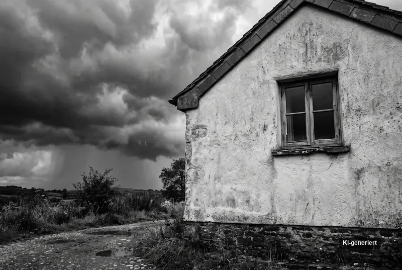 Verputztes Haus vor dramatischem Wetterhimmel