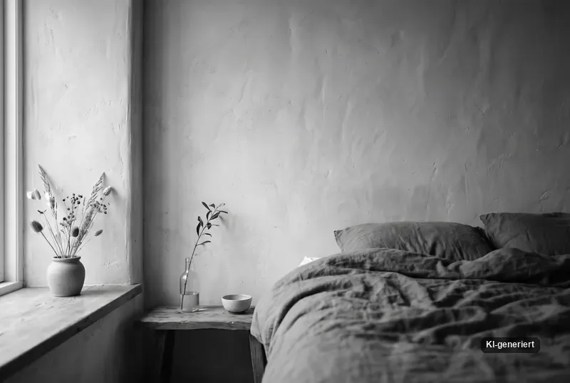 Ruhiges Schlafzimmer mit Lehmputz-Wand im weichen Tageslicht