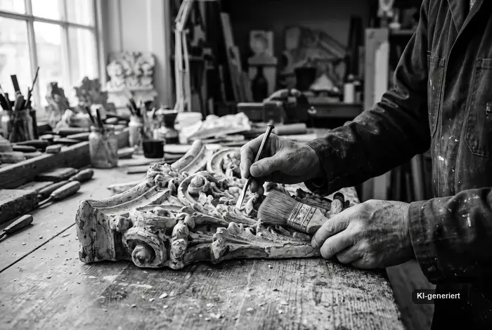 Restaurator arbeitet mit Pinsel an einem historischen Stuckornament