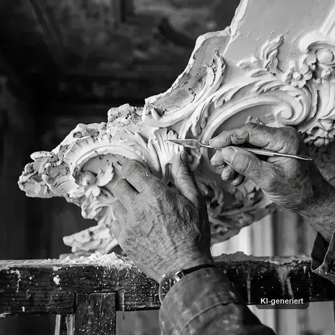 Hände eines Restaurators bei der Arbeit an einem historischen Stuckornament