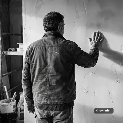 Handwerksmeister prüft eine frisch verputzte Wand mit der Hand